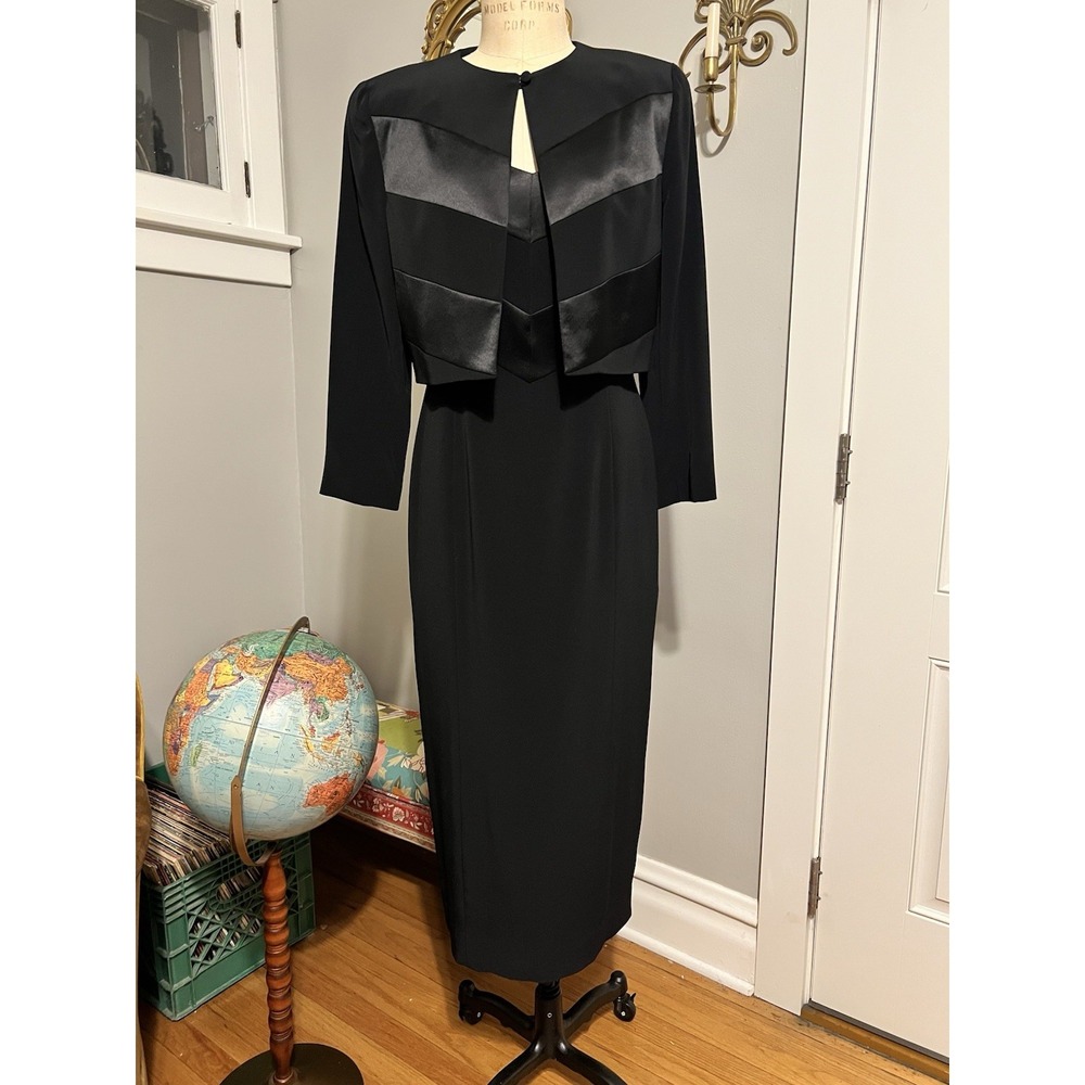 Vintage 90s Jones New York Black Satin‎ Dress + Cropped Blazer Size 6